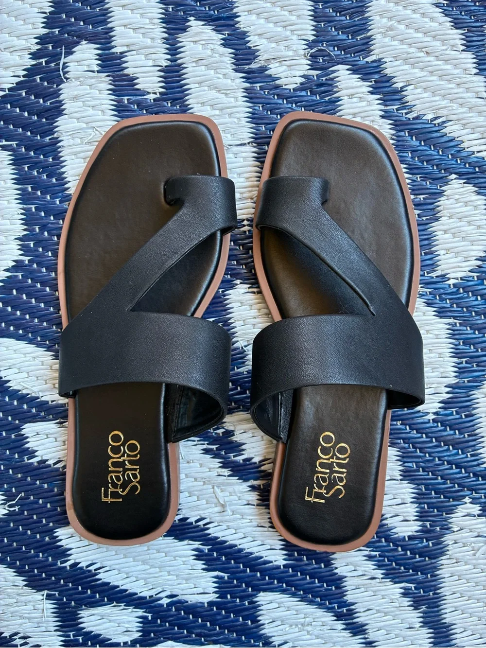Franco Sarto Black Slide Sandals with Tan Trim